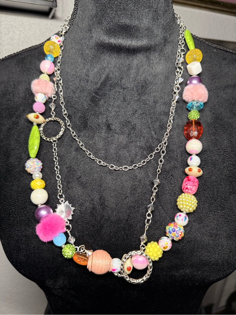 Handmade Chunky Beaded Layered Necklace Y2K Kidcore Fairycore Pom Pom Kitsch⁠